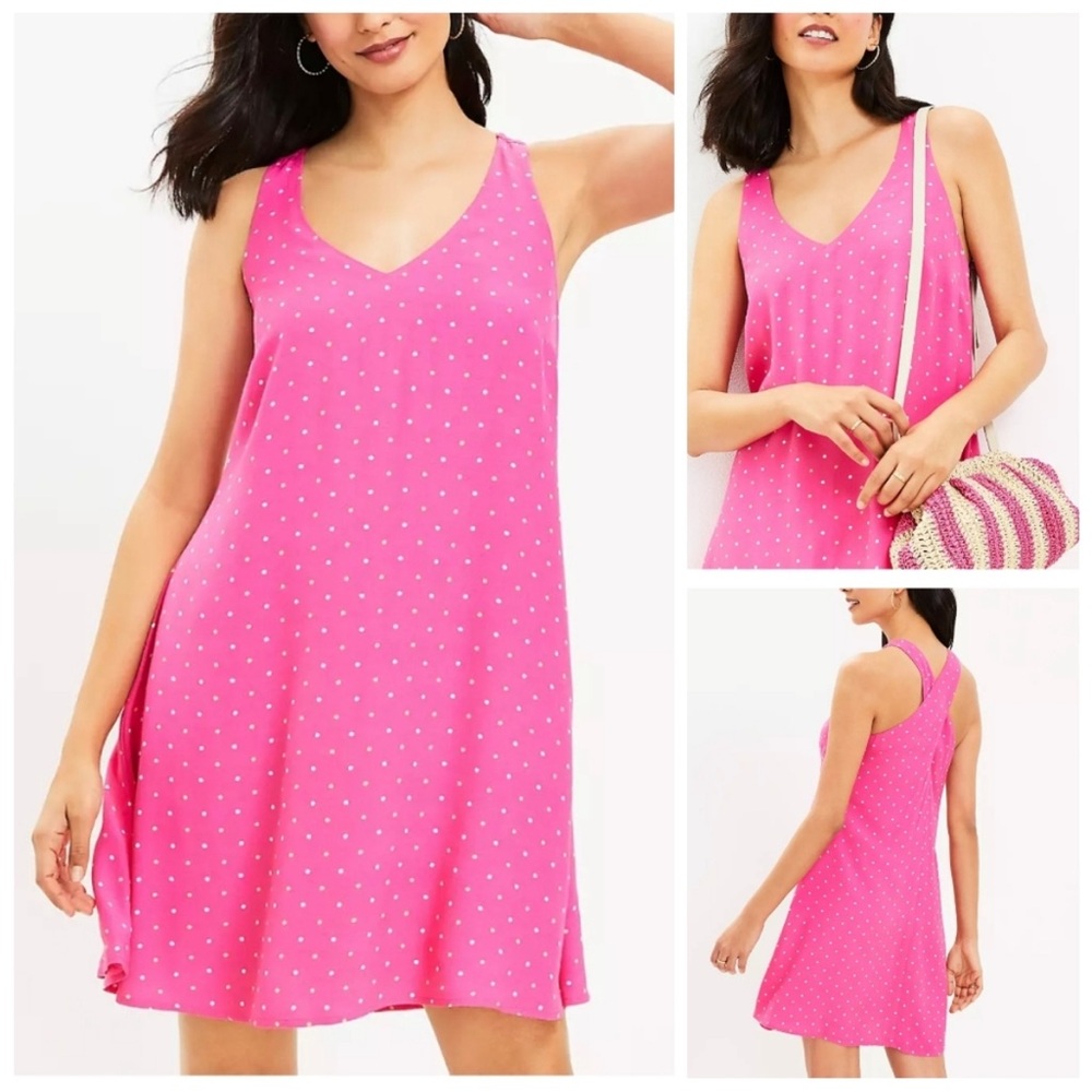 NWT! LOFT Women’s Criss Cross Back Pink Polka Dot Lined Swing Dress Size XS